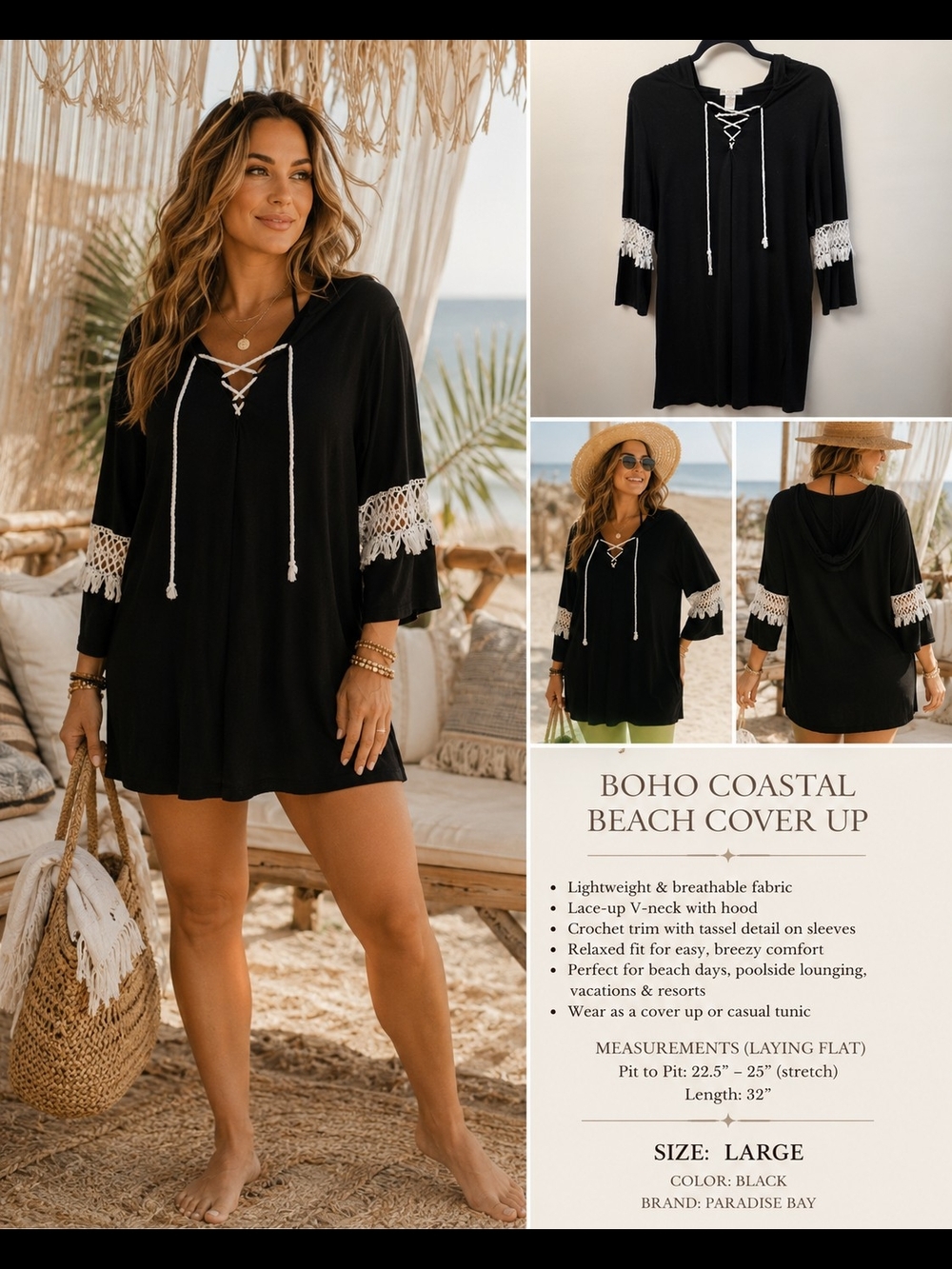 Paradise Bay Black Crochet Trim Beach Coverup Large Boho‎ Lace Up Hooded Tunic